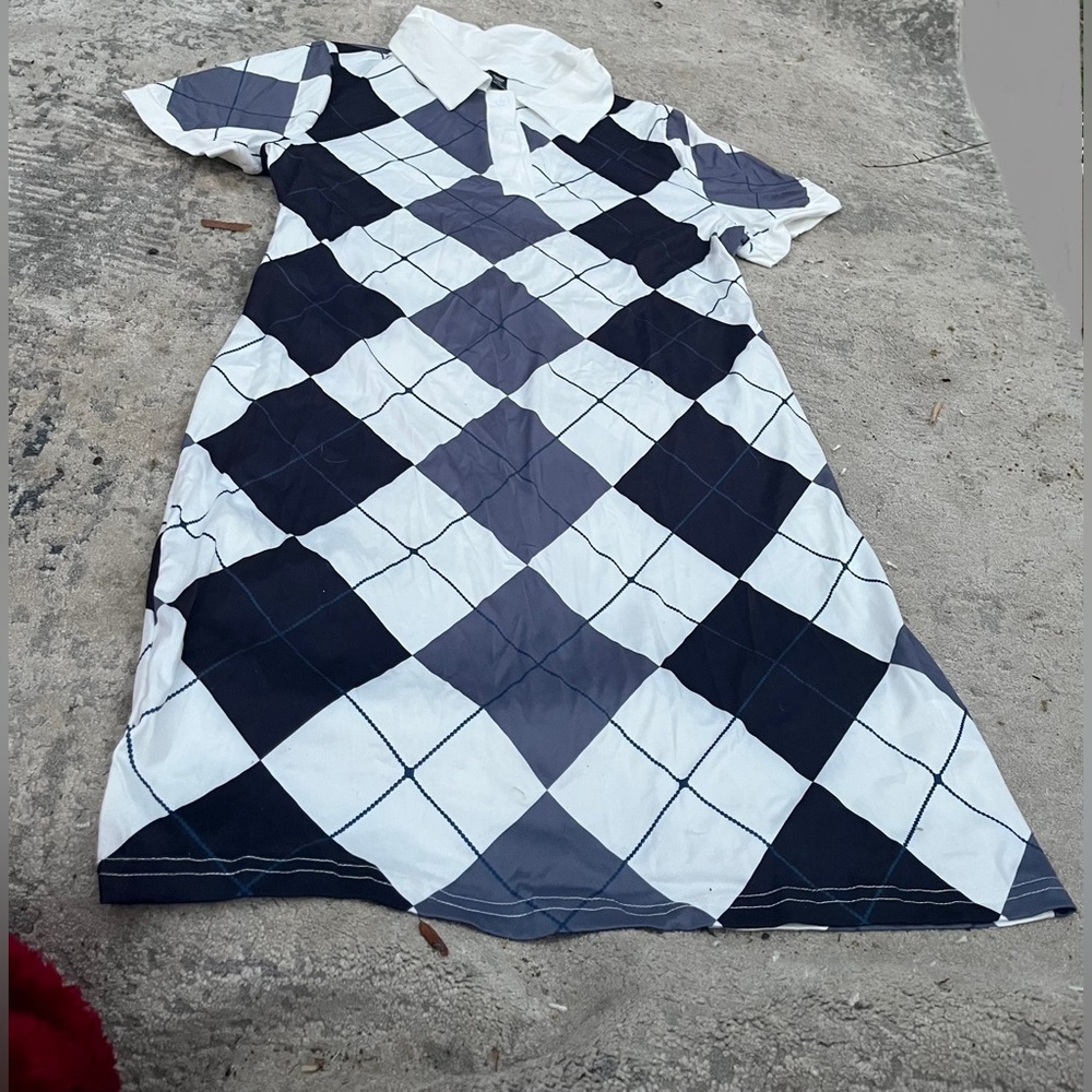 SHEIN White and Black Argyle Polo Dress